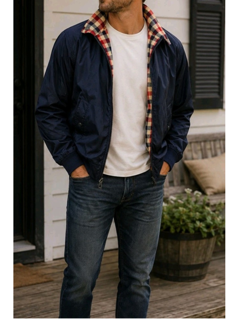 John Bartlett Statements Men's Sz L Navy Blue Lightweight Bomber Harrington